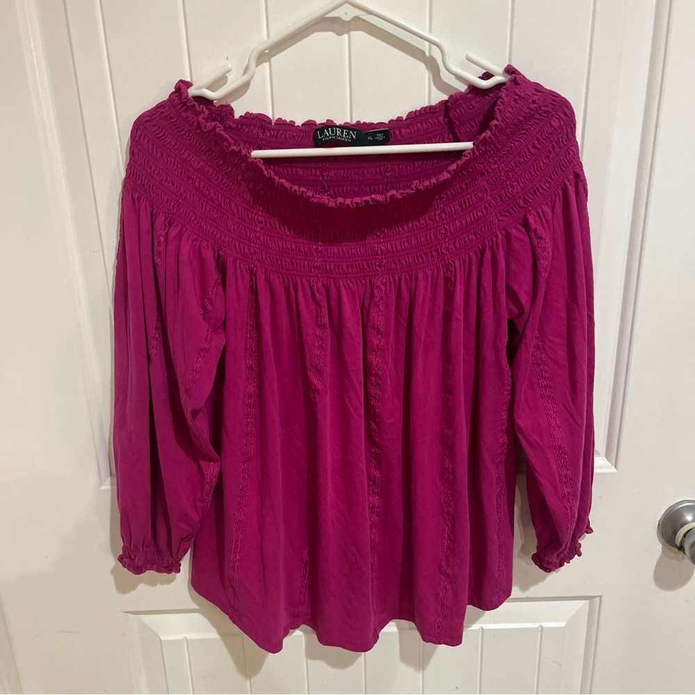 Women's Lauren Ralph Lauren Pink Embroidered Smocked Top Size XL EUC